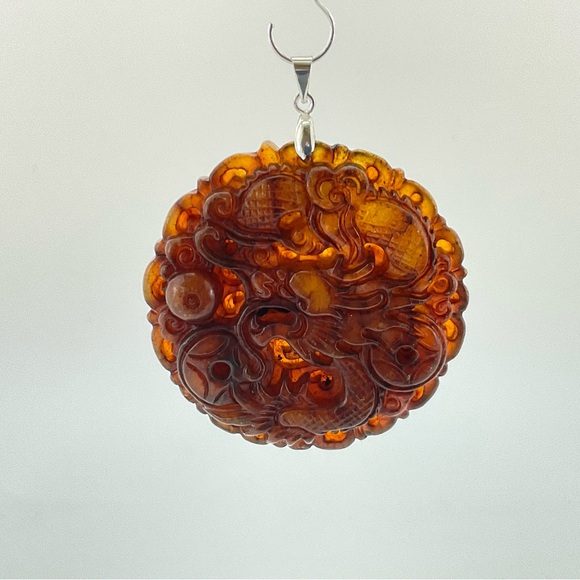 Jade Dragon Pendant, Handmade, Brown Jade, Lucky Stone, 18k Gold Plated Bail - Picture 3 of 11